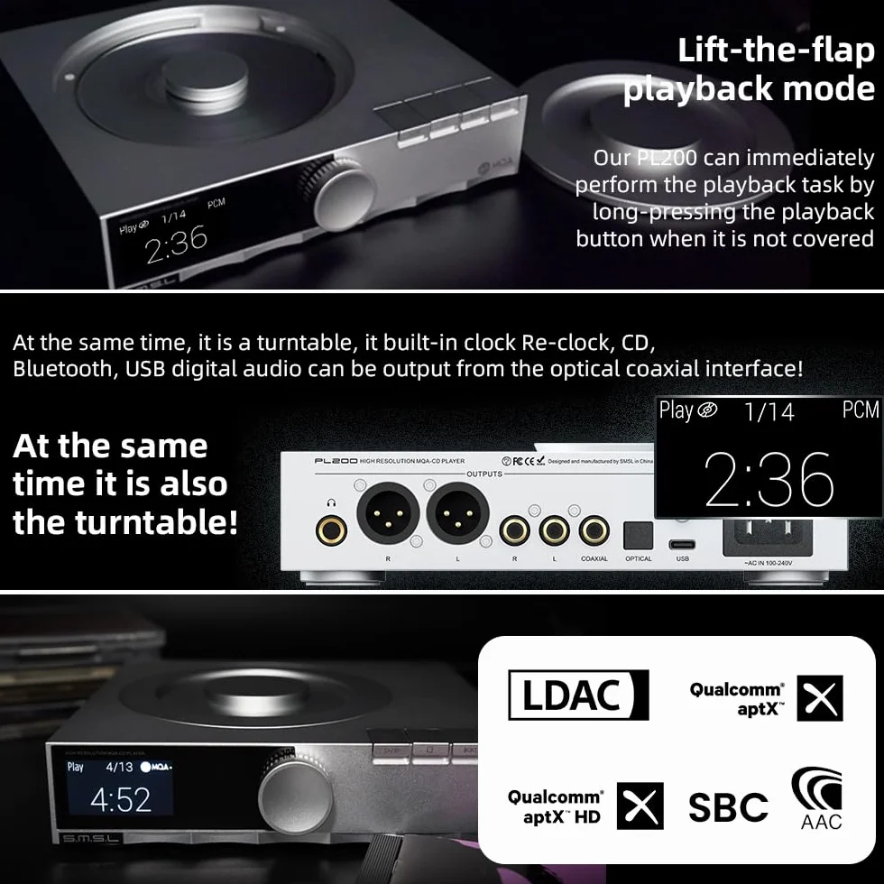 SMSL PL200 MQA-CD-Player Plattenspieler HiFi Lossless AK4499EX Chip Bluetooth Wiedergabe Dekodierung Kopfhörerverstärker mit Fernbedienung (Silber)