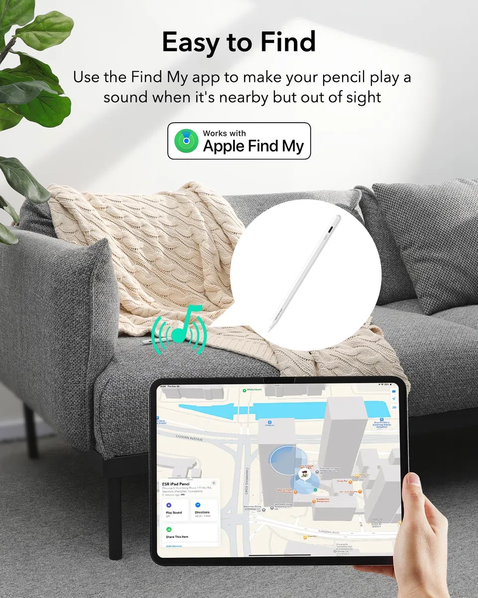 ESR Find My Stift für Apple iPad 2018-2026, Digital Pencil Pro mit „Wo ist?“ Funktion & Neigungssensitivität für iPad A16/10/9/8 & Air 13/11 & Pro 12.9/13/11 & Mini 7/6/5, Weiß(kein kabelloses Laden)