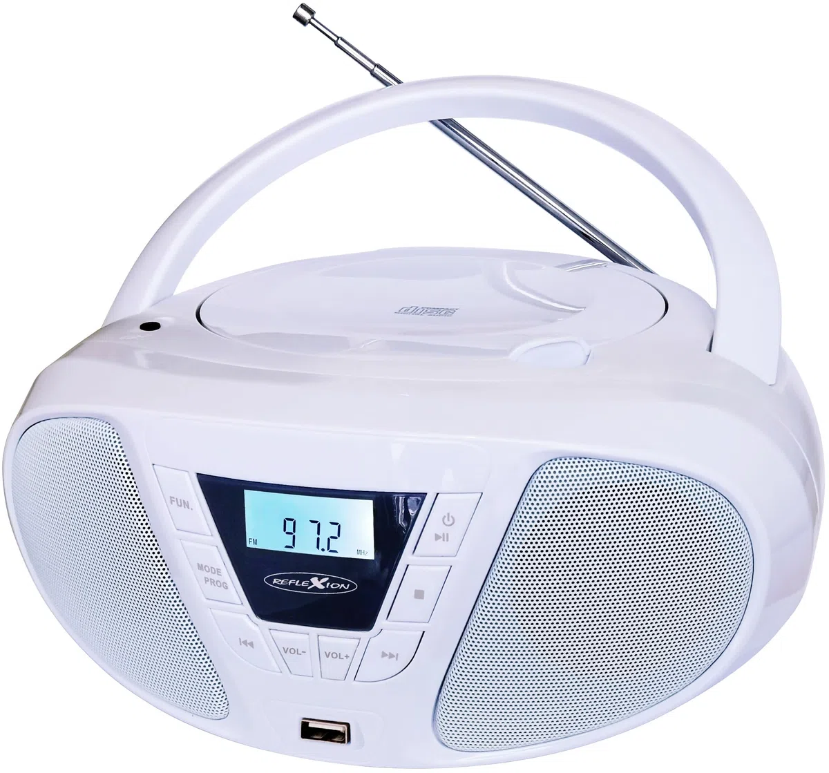 REFLEXION CDR614UWH, Tragbares CD-UKW-PLL-USB-Stereo Radio (2x16 Watt max. Musikleistung), USB für MP3-Wiedergabe, 3,5mm AUX-IN Anschluss, Programmier-Funktion (CD: 20 Tracks), Weiß