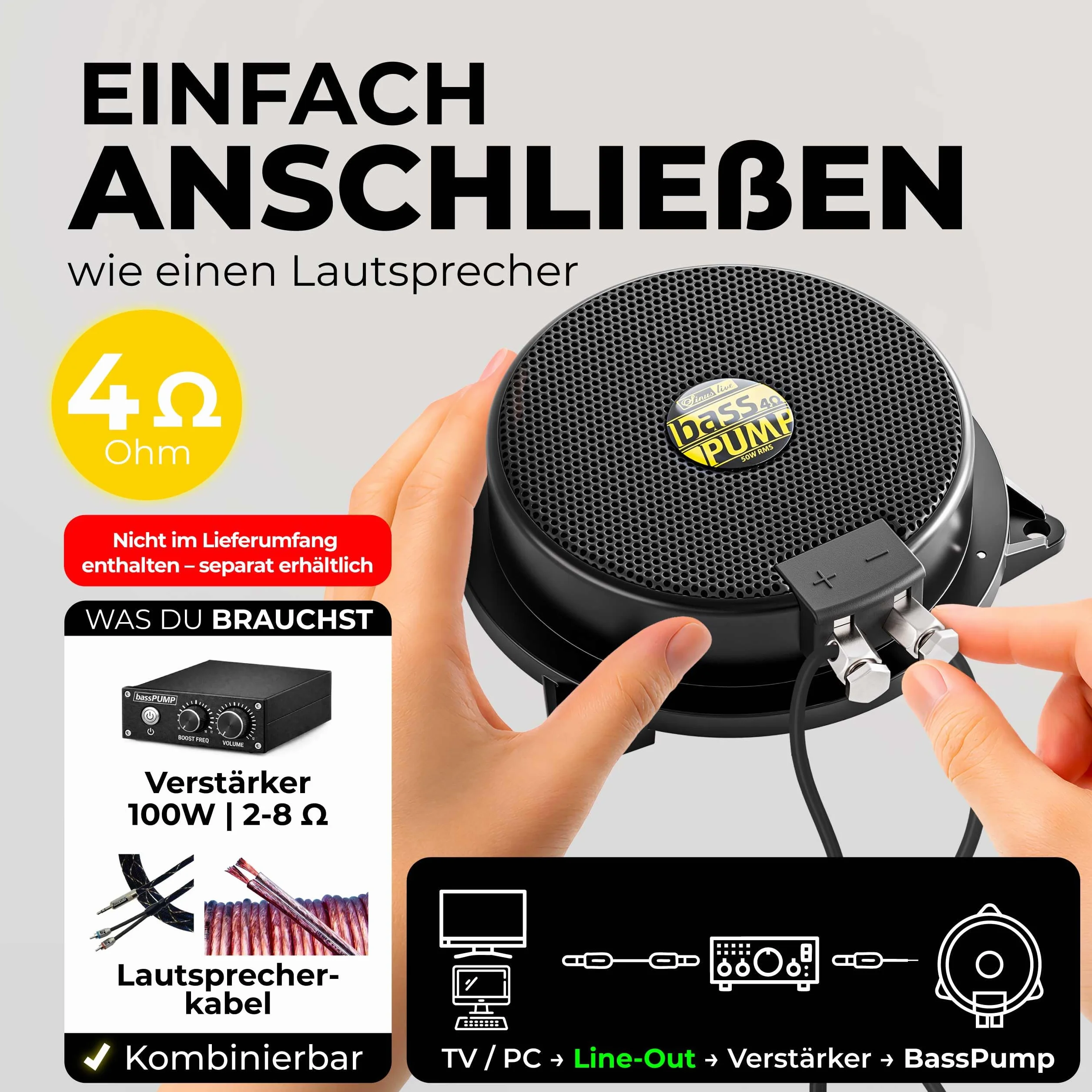 Sinuslive bassPUMP 4 Ohm Körperschallwandler, 50 W RMS Bass-Shaker für spürbaren Bass, Heimkino, Gaming-Stuhl, Sofa, Auto und SIM Racing, Body Shaker - 4 Ohm schwarz