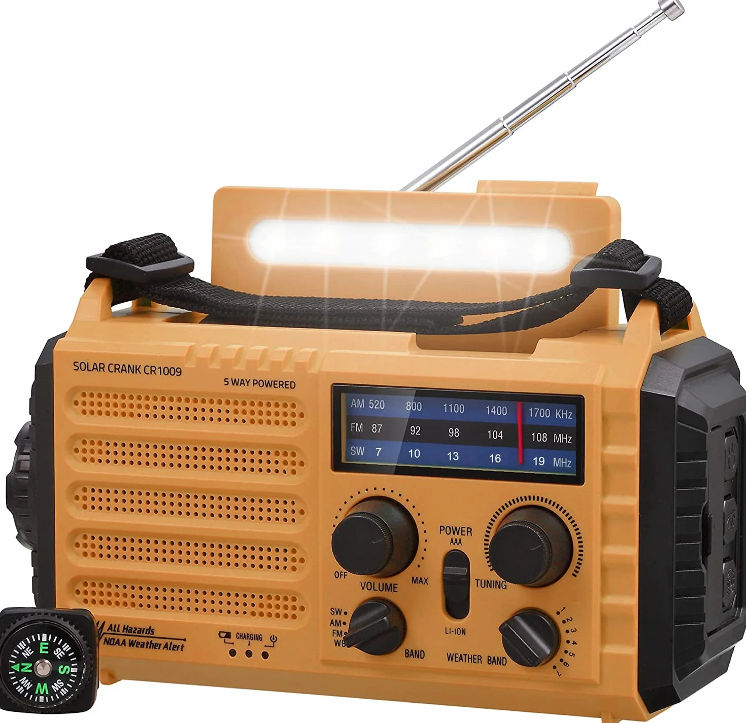 Tragbare Solar Radio, Notfall Radio mit Kurbel, Dynamo Wetter AM/FM/SW Radio, 5000mAh Wiederaufladbare Powerbank, Typ C Anschluss, LED Taschenlampe&Leseleuchte, SOS Alarm, Kompass für Camping Outdoor