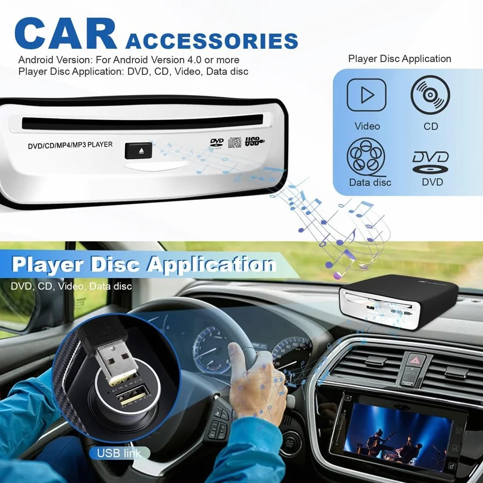 Autoradio CD/DVD Dish Box Player Externe Stereoanlage, Auto Radio CD/DVD Player Extern USB Anschluss für Laptop oder Fernseher Angeschlossen Werden, für Navigation mit Android 4.0 und