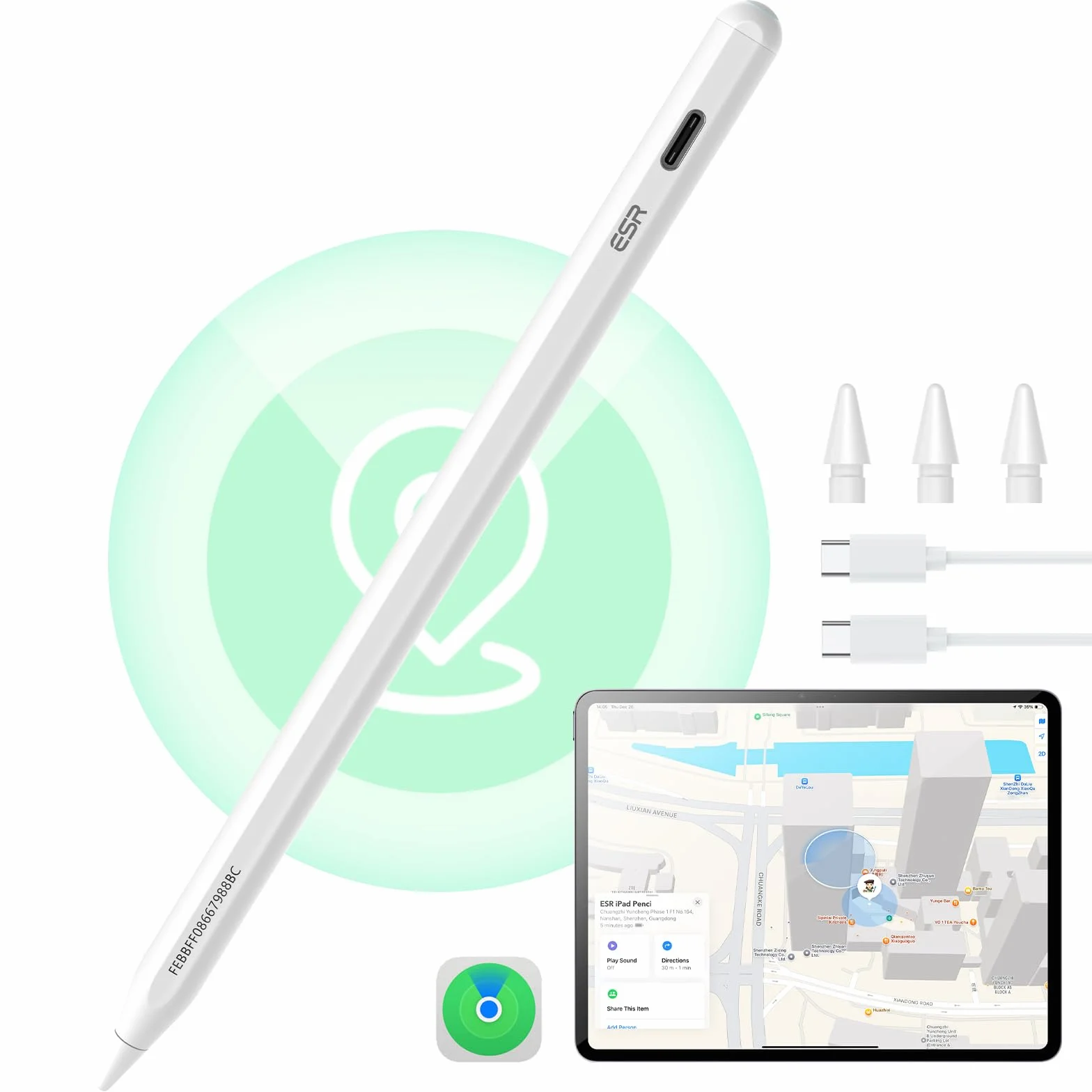 ESR Find My Stift für Apple iPad 2018-2026, Digital Pencil Pro mit „Wo ist?“ Funktion & Neigungssensitivität für iPad A16/10/9/8 & Air 13/11 & Pro 12.9/13/11 & Mini 7/6/5, Weiß(kein kabelloses Laden)