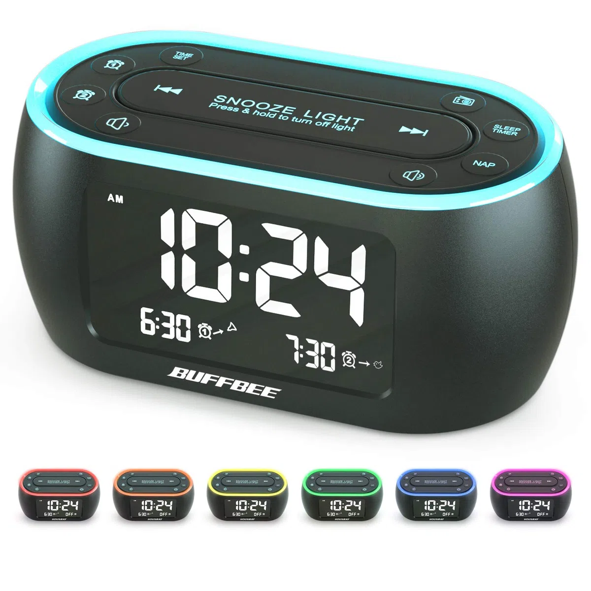 BUFFBEE Radiowecker mit Dualalarm und FM Radio, Digitaler Wecker mit 7 Farben Nachtlicht und 0-100% dimmbarem Display, 3 Wecktöne, für Schlafzimmer und Nachttisch