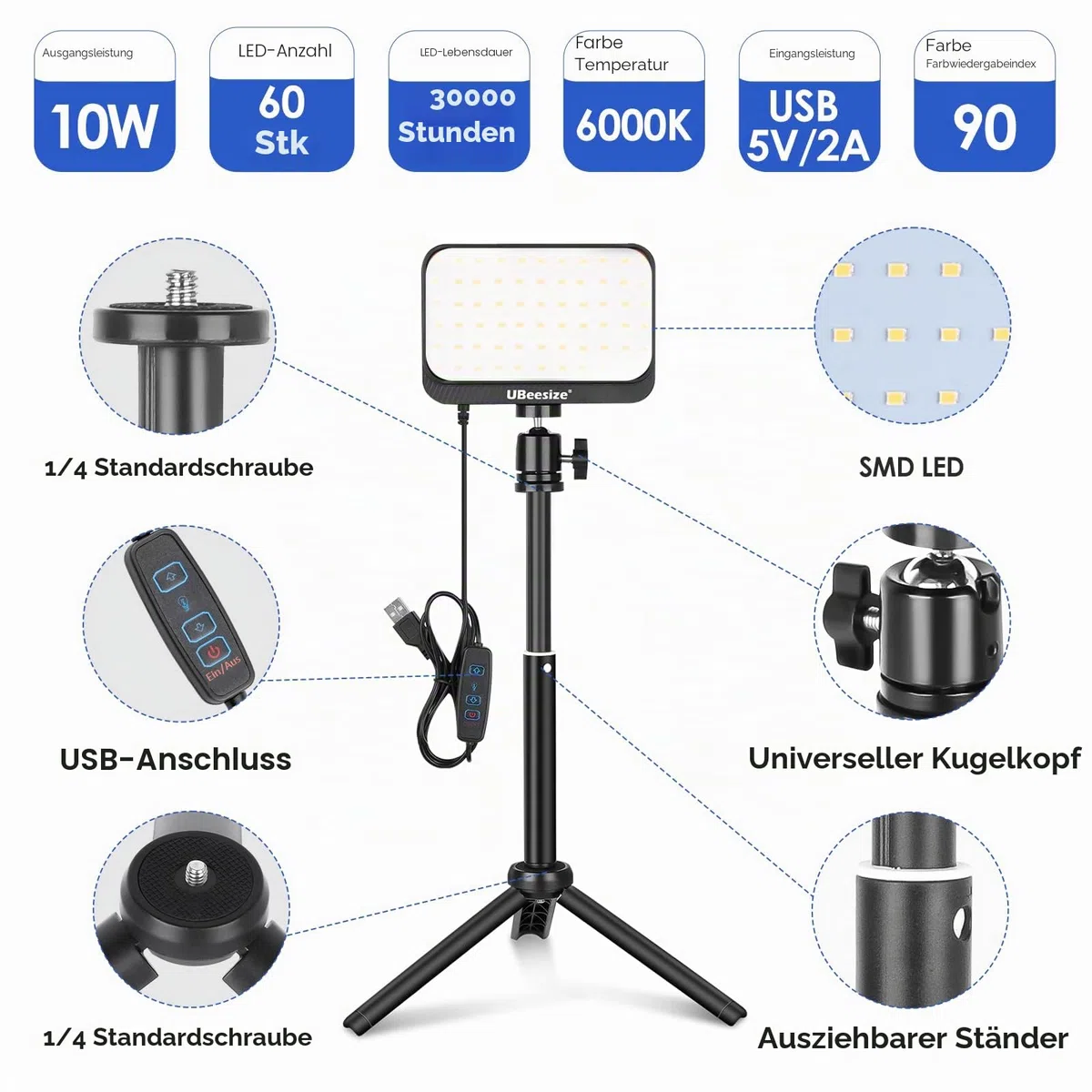 UBeesize 2er-Pack LED Videolicht Dimmbares Kamera Licht mit Einstellbar Stativ Ständer und Farbfilter für Videokonferenzen Beleuchtung/Spielestreaming/YouTube-Videofotografie