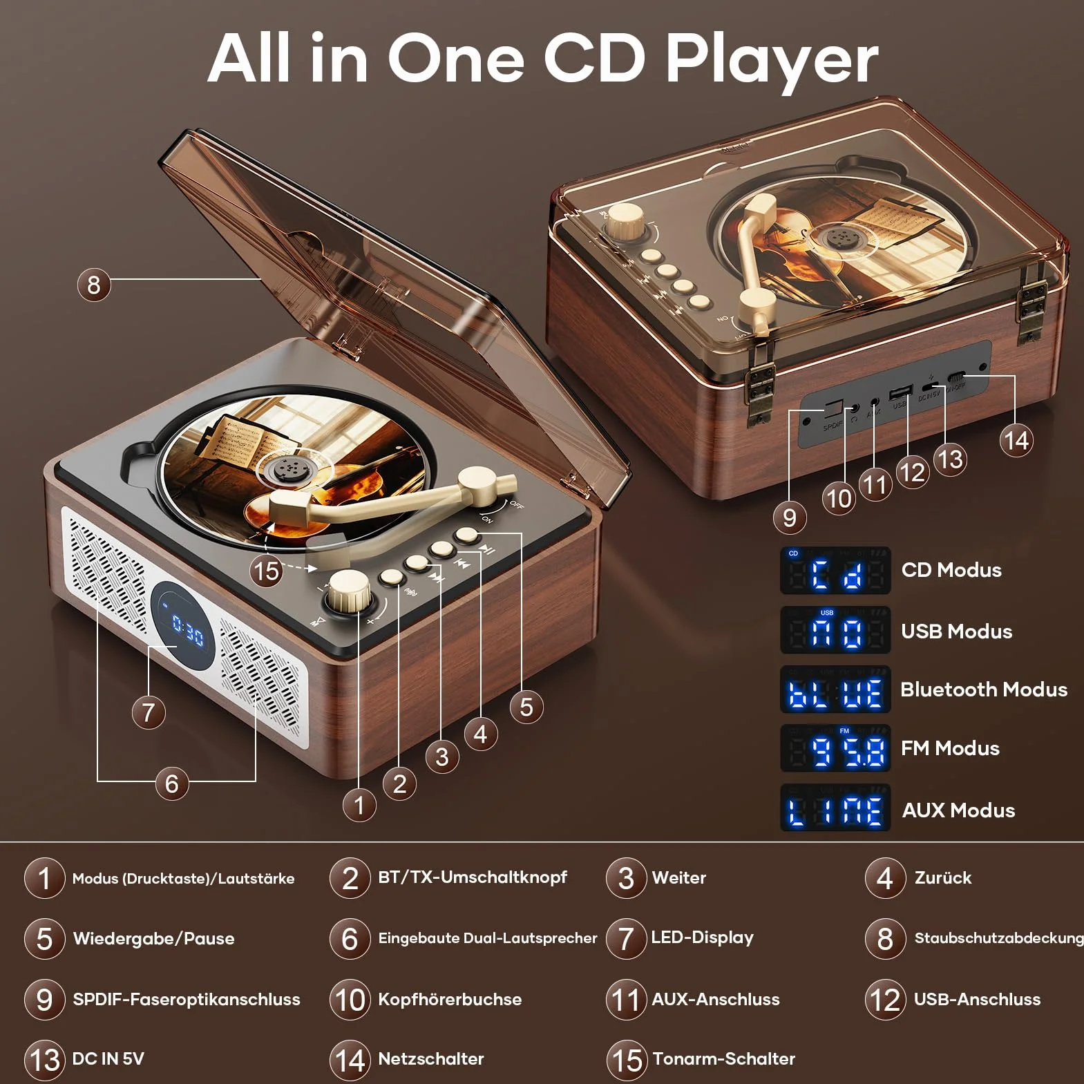 Bluetooth CD Player Tragbar mit Lautsprecher - Lehwey Retro CD-Player mit FM Radio, Stereo Sound, Unterstützt USB/AUX Wiedergabe, Vintage Desktop CD Spieler mit Fernbedienung, Staubschutz (Holz)