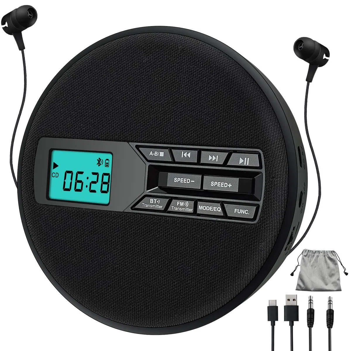 Tragbarer CD-Player mit Dual-Lautsprechern | Antischock, USB/AUX, LCD-Display | 5 EQ-Modi, A-B Repeat, 10 Geschwindigkeiten | Mobiler Musikplayer in Schwarz