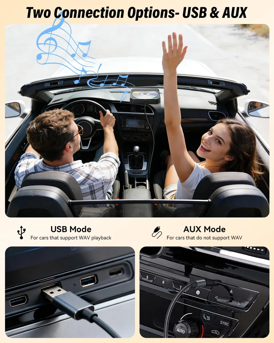 MONODEAL Externer CD Player für Auto, Plug-and-Play Auto CD-Player mit USB/AUX Anschluss, Universeller USB CD Laufwerk für Fahrzeug, Laptop, Fernseher