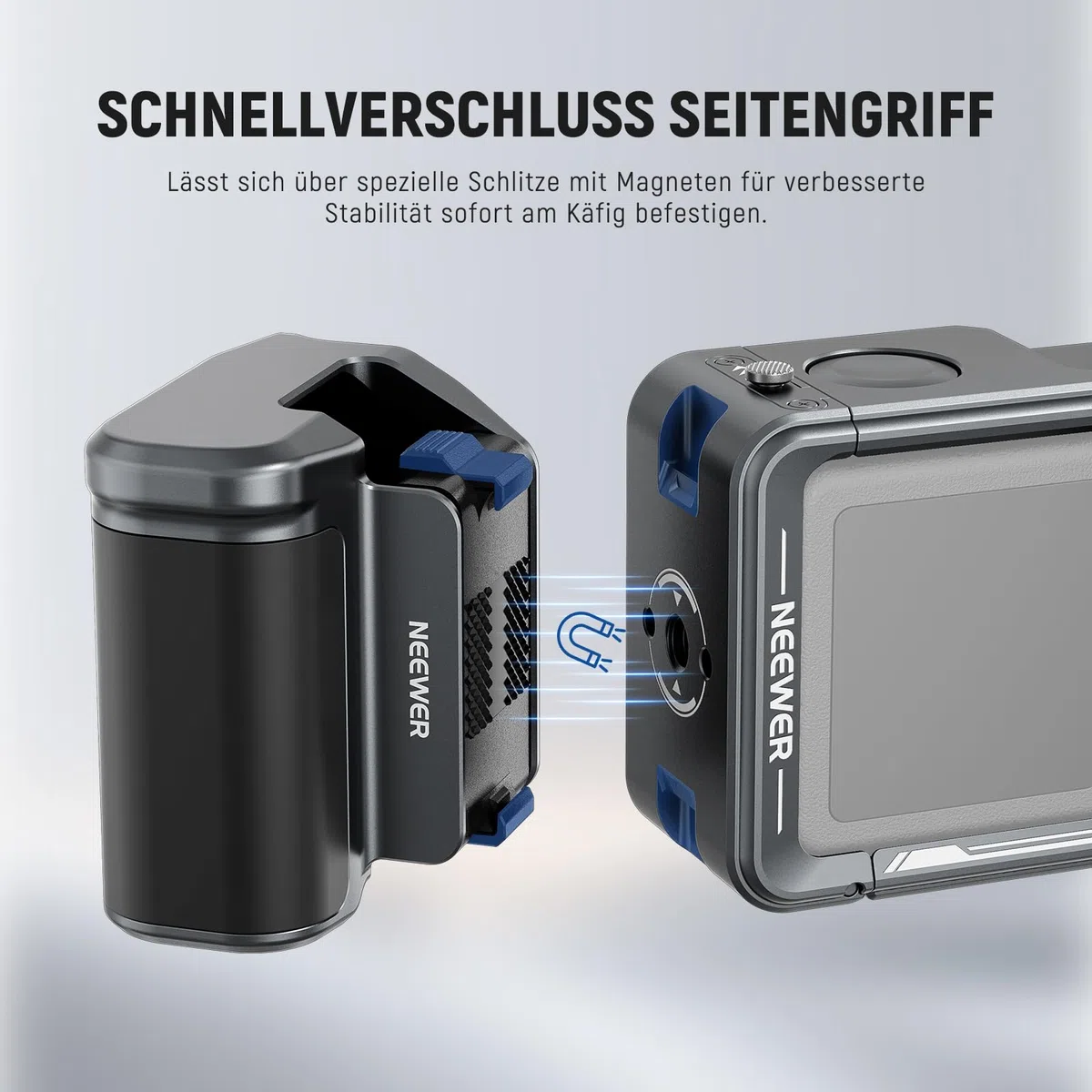 NEEWER Cage und Side Handle Set kompatibel mit DJI Osmo Action 5 Pro / 4/3, Schutzvorrichtung aus Metall mit magnetischer Adapterhalterung, Cold Shoe Shutter Extender Bar, dunkelgrau, AC014+AC034