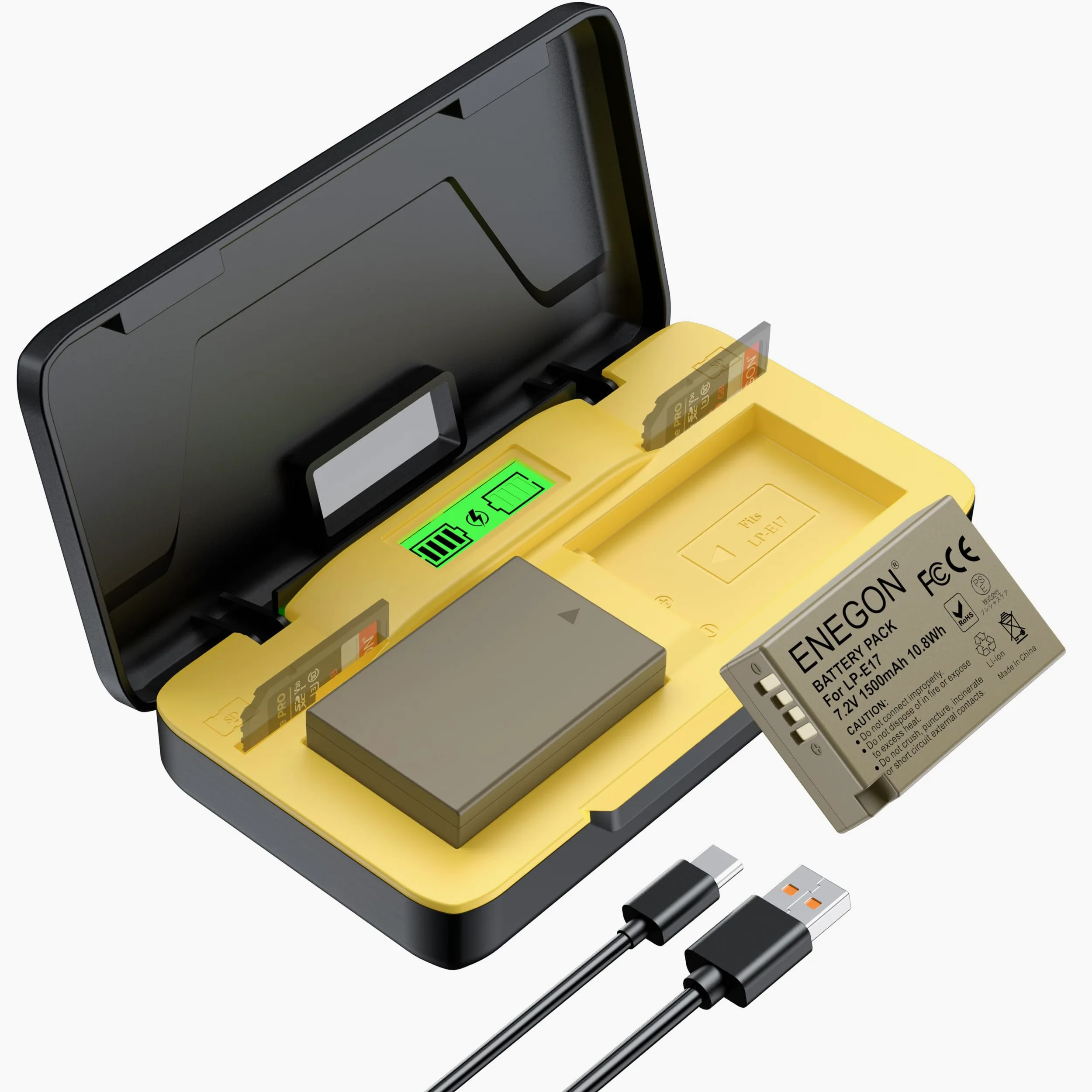 ENEGON LP-E17 20W Dual-Akku-Schnellladegerät-Set (2 x 1500 mAh) Kompatibel mit Canon EOS R10, R8, RP, R50, R100, M3, M5, M6, 200D, 250D, 77D, 750D, 760D, 800D, 8000D und mehr LCD-Display