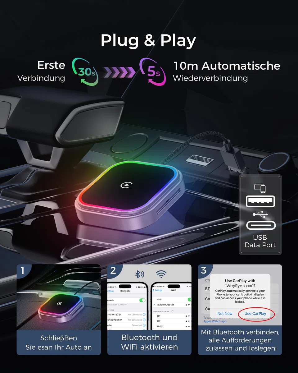 CarPlay und Android Auto Wireless Adapter 2 In 1, V5.3 Bluetooth Stabile Verbindung, Dualband WiFi 6 Schnelle Datenübertragung, USB C/A, für Apple iPhone iOS 10+, Smartphone Android 11+