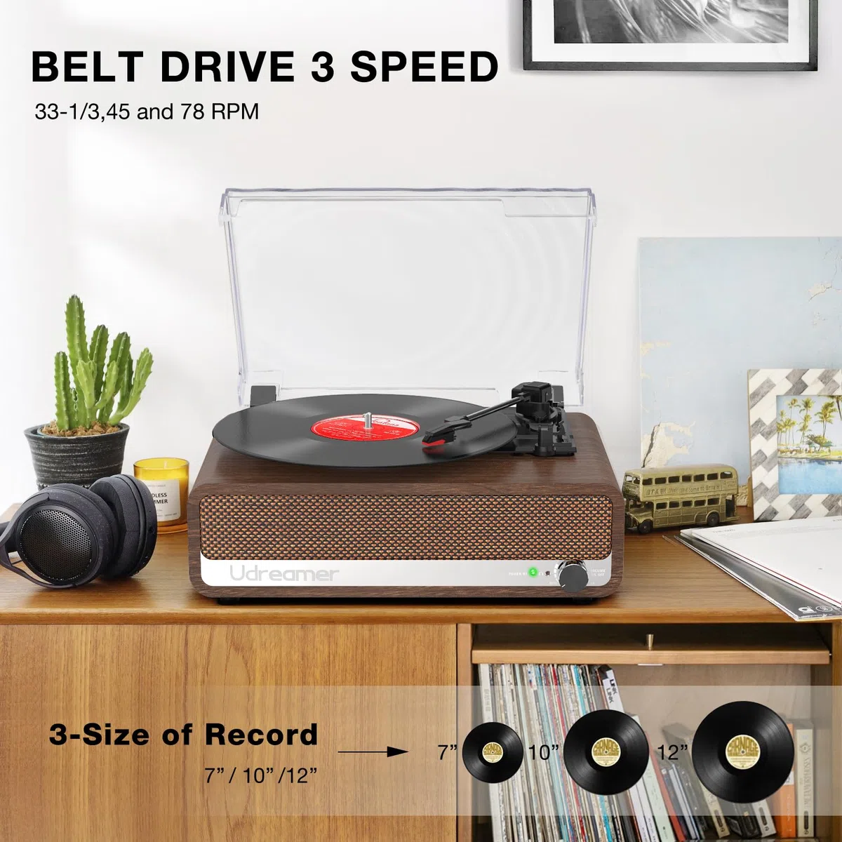 Udreamer Plattenspieler mit Lautsprecher Bluetooth Plattenspieler Vintage Vinyl Player Unterstützt USB AUX-Eingang Kopfhörer RCA Line-Out 3 Geschwindigkeiten Riemenantrieb Spiegeldesign Nussbaum