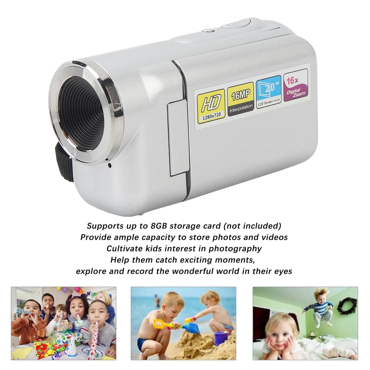 Videokamera Camcorder, 1080P HD 16 MP Kamera mit 2,0 Zoll Farb TFT Bildschirm, 16 fach Digitaler Zoom Vlogging Kamera für YouTube Partyreisen, Camcorder für Anfänger (SILVER)