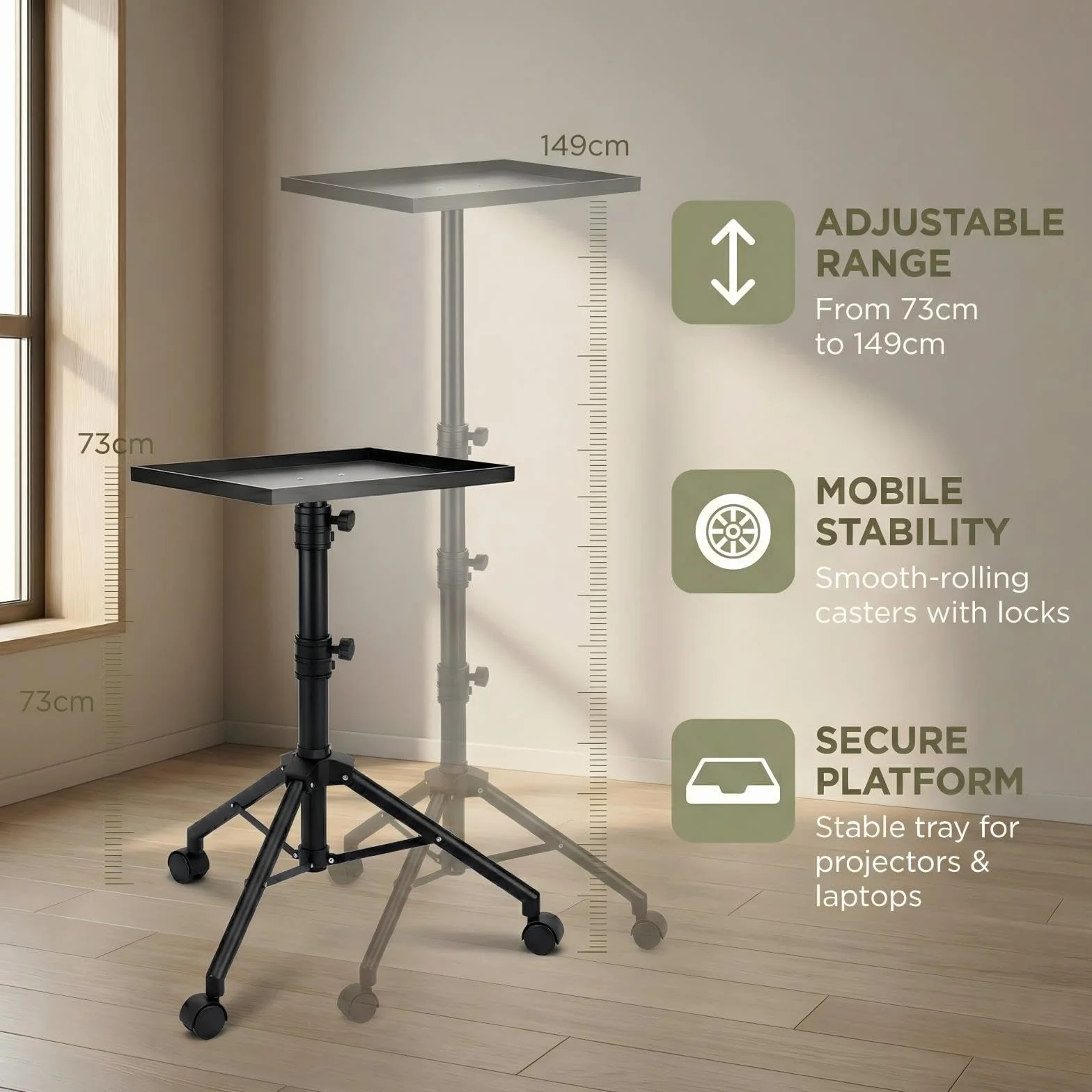 Beamer Ständer, 4-in-1 Beamer Stativ, Tragbarer, Bodenmontierter Stativ Beamer, Design mit Rädern – Höhenverstellbar, 73 bis 149 cm, um 180 Grad Schwenkbar