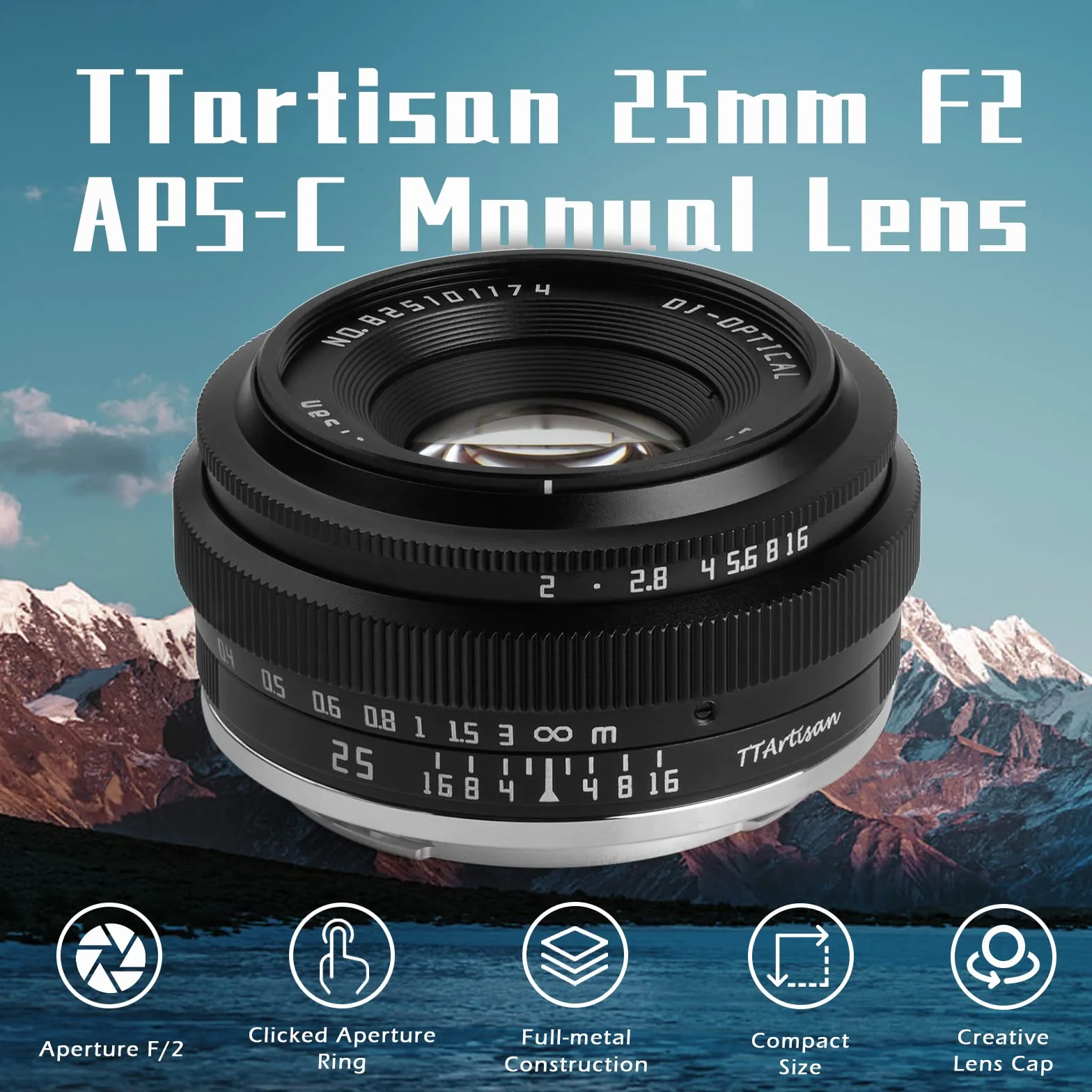 TTartisan 25mm F2 X Mount Objektiv, APS-C Manueller Fokus Weitwinkel Objektiv für Fuji X Mount, Kompatibel mit Fuji X-Mount Spiegellosen Kameras X-PRO1 X-PRO2 X-E1 X-E2 X-E3