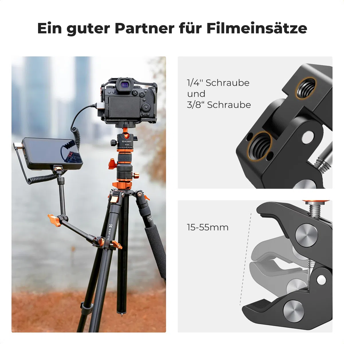 K&F CONCEPT 11 Zoll Magic Arm mit Super Clamp, Kamera Halterung für Käfig Monitor LED Licht Action-Kamera, 2 KG Belastung