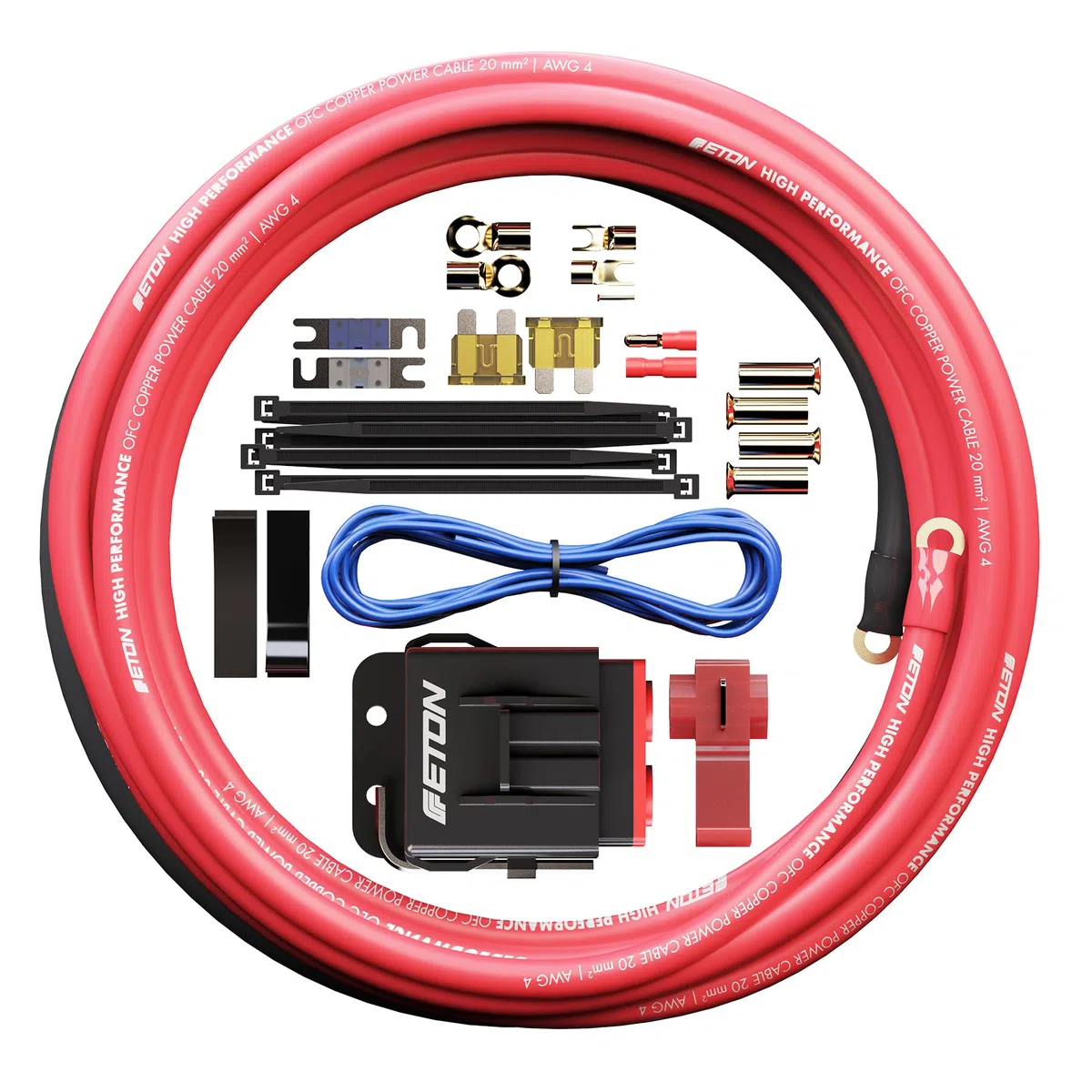 ETON PCC 20 – Hochwertiger Strom Anschluss Kabelsatz, 20 mm², Set zur Installation von Auto Verstärkern und Aktiv Subwoofern, Powerkabel Kit mit Sicherungen für Car HiFi Endstufen