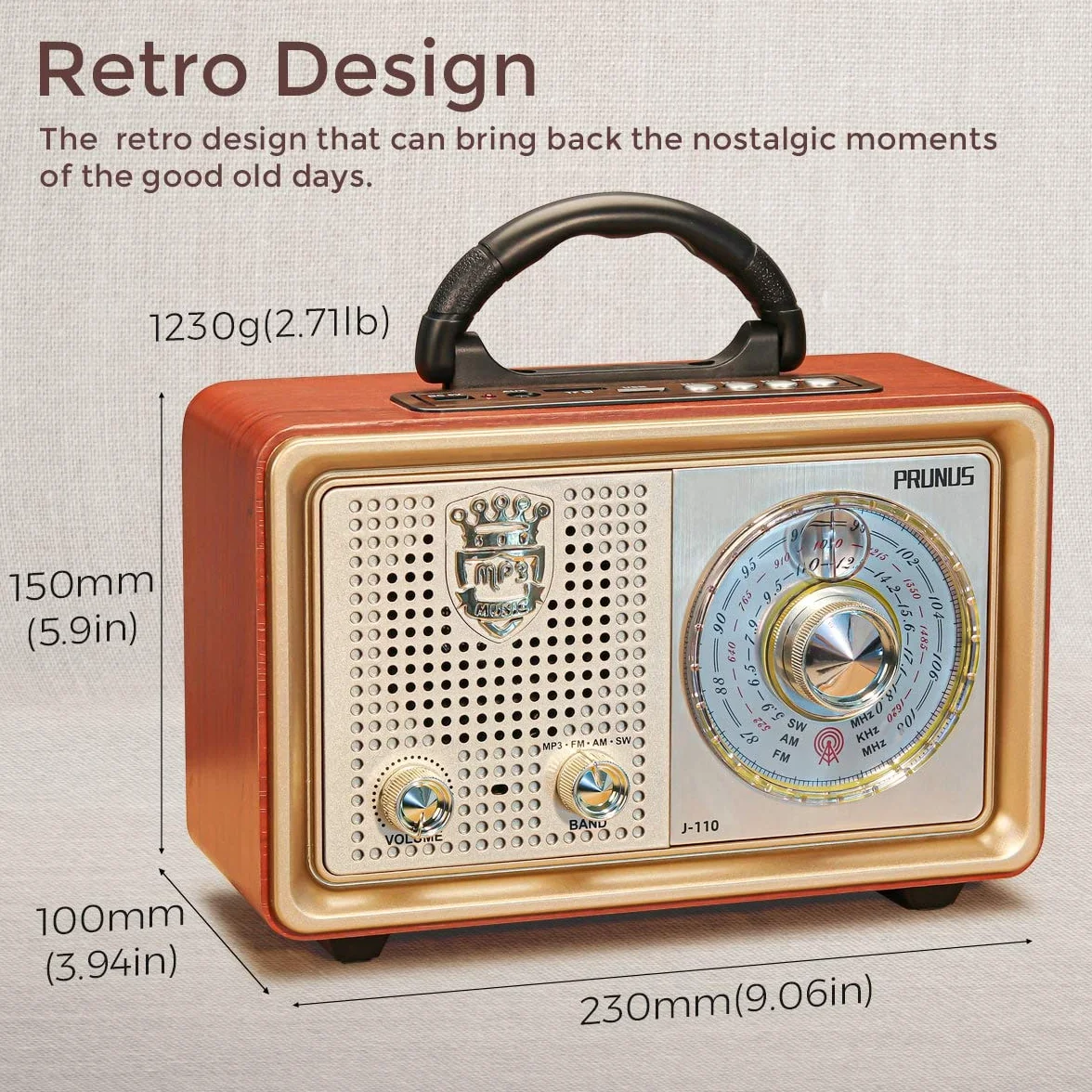PRUNUS J-110 AM/FM/SW Retro Radio mit Bluetooth, Nostalgie Radio mit 3 Stromversorgungsoptionen, Gehäuse in Holzoptik, 5W-Lautsprecher mit Verbesserter Bass, Unterstützt USB/TF/AUX. Gold