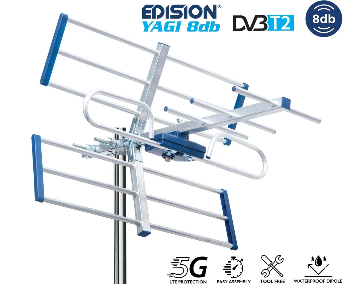 EDISION YAGI 8db Außenantenne Terrestrisch 21-48 UHF, 5G LTE Filter, für den Empfang von digitalen DVB-T/T2 Kanäle, TV Antenne, Frequenzbereich 470-694Mhz, Länge 47cm, LTE700, Blau