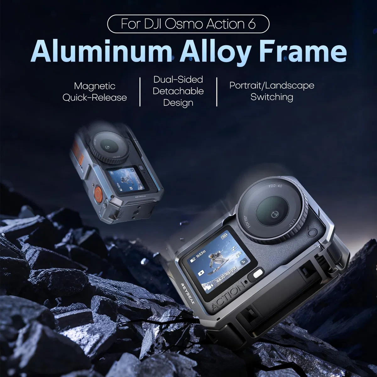 REYGEAK Ultraleichter Metallkäfig für DJI OSMO Action 6, Aluminium-Schutzgehäuse-Rahmen mit 1/4-Zoll-Schraube, Kaltschuh, Schnellspanner-Adapterhalterung mit Doppelkrallen für OSMO Action 6