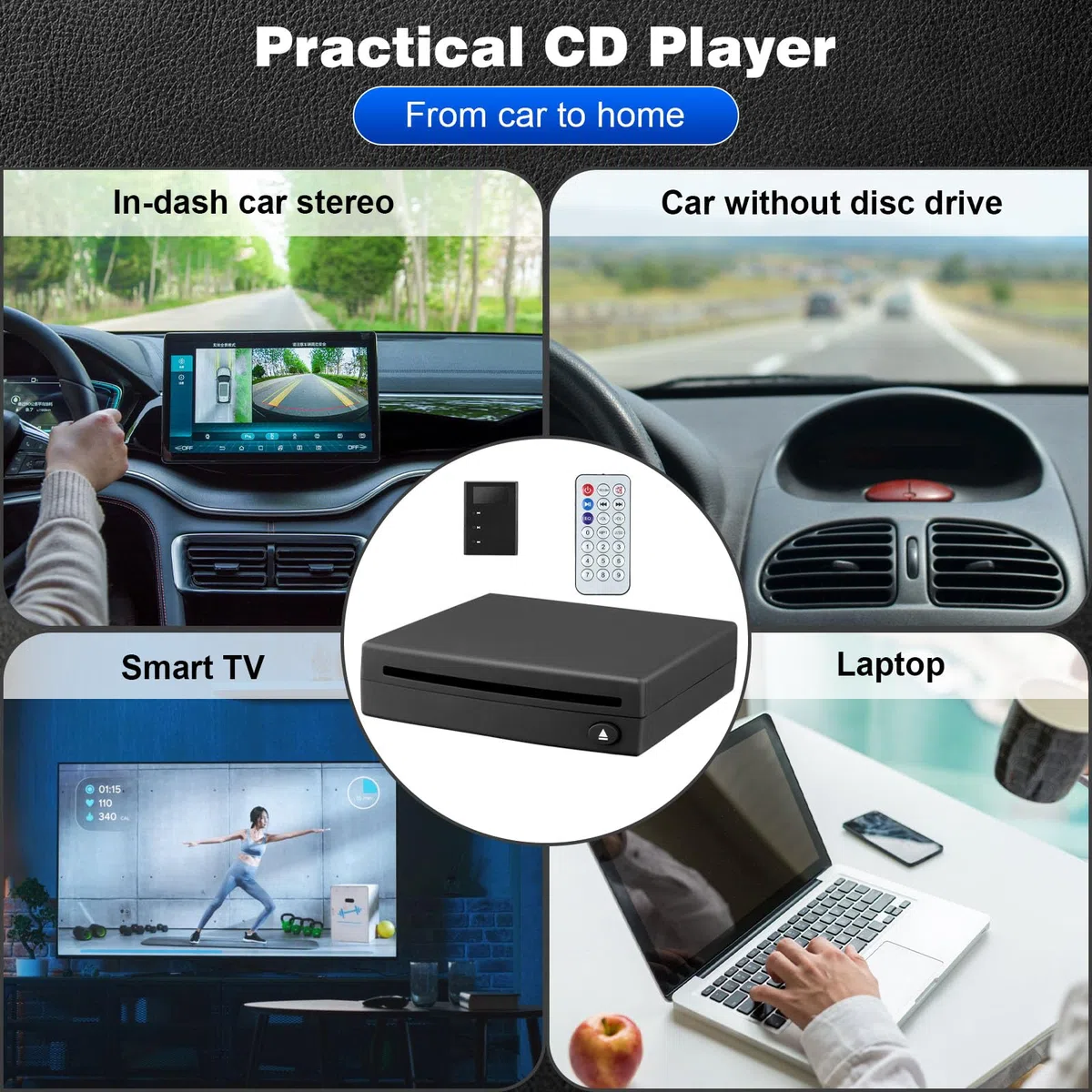 CD Player Auto Extern mit Adapter, Auto-cd-Player mit USB-Anschluss, CD/DVD Dish Box Player, Externes Laufwerk für Laptop, PC, Fernseher, Kompatibel mit Android Autoradio
