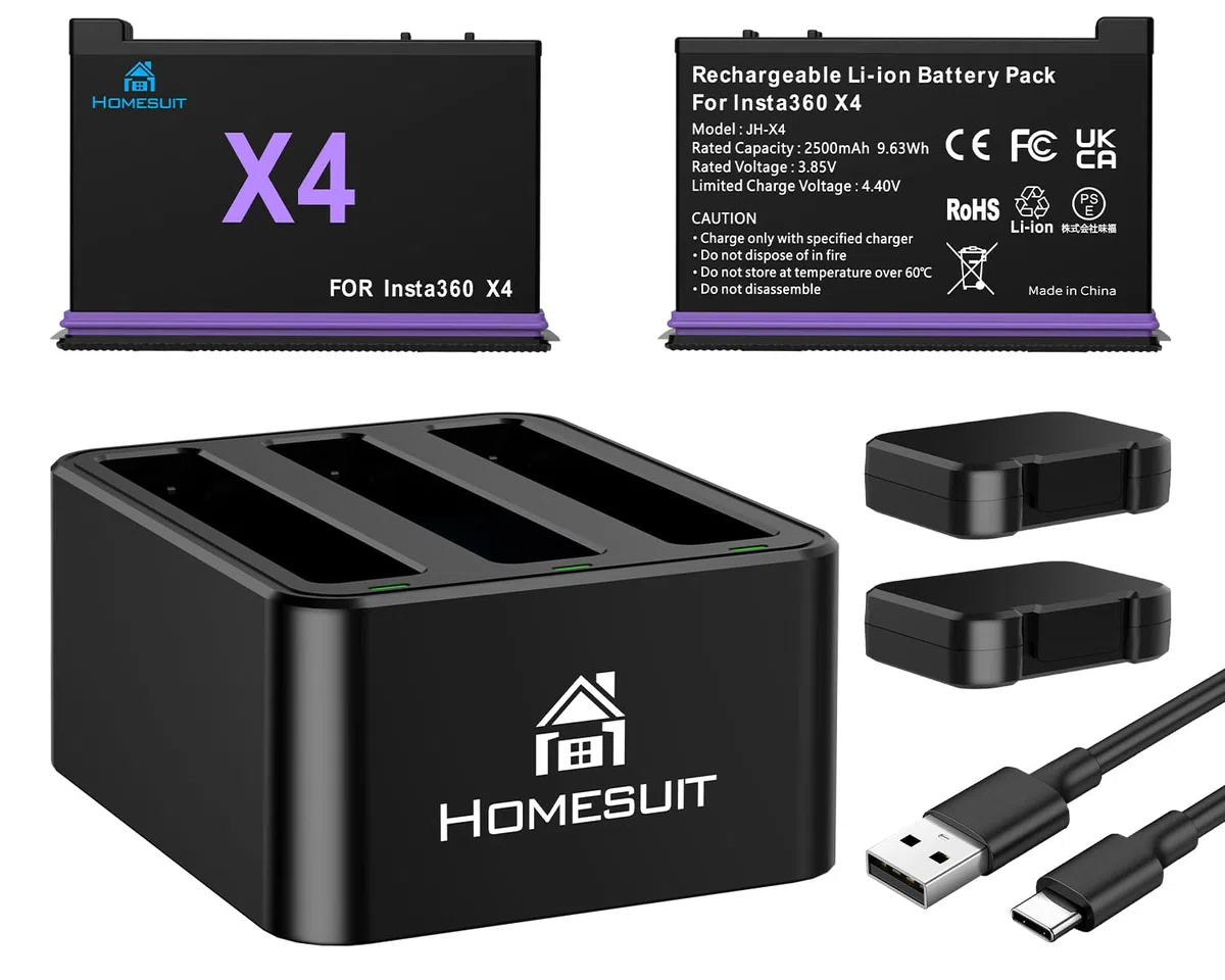 Homesuit 2er-Pack Insta 360 X4 Akku 2500mAh und 3-Kanal USB Ladegerät Kit Kompatibel mit Insta360 X4 Action Kamera Zubehör mit Misro SD Kartensteckplätzen (Not for X4 Air)