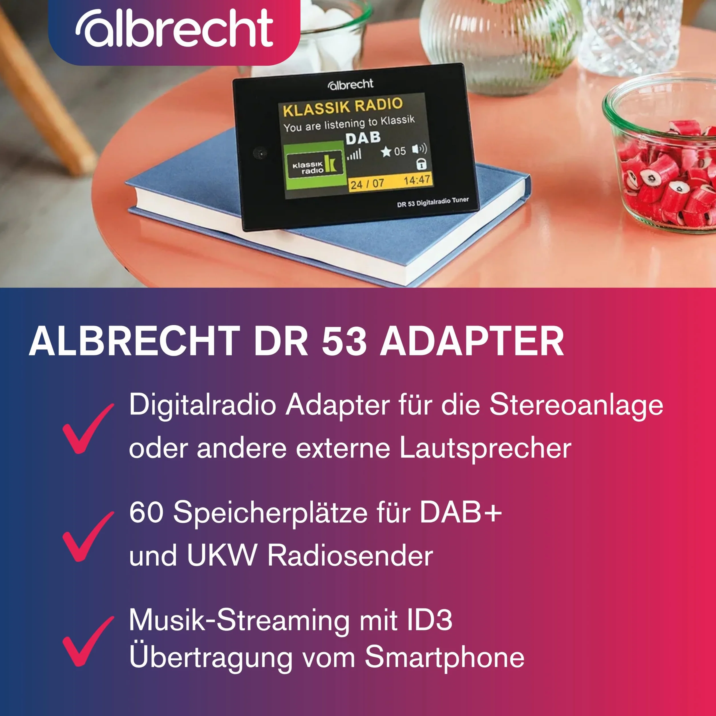 Albrecht DR 53 Digitalradio-Adapter, DAB+, UKW & Musik-Streaming Tuner für Stereoanlagen, 27251, mit Farb-Display & Fernbedienung