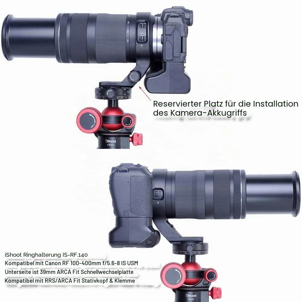 iShoot Stativhalterung, Ringlinsenhalsband, kompatibel mit Canon RF 100–400 mm f/5.6–8 is USM, Objektivhalterung, Unterseite ist Arca-Swiss Fit Schnellwechselplatte Schwalbenschwanznut