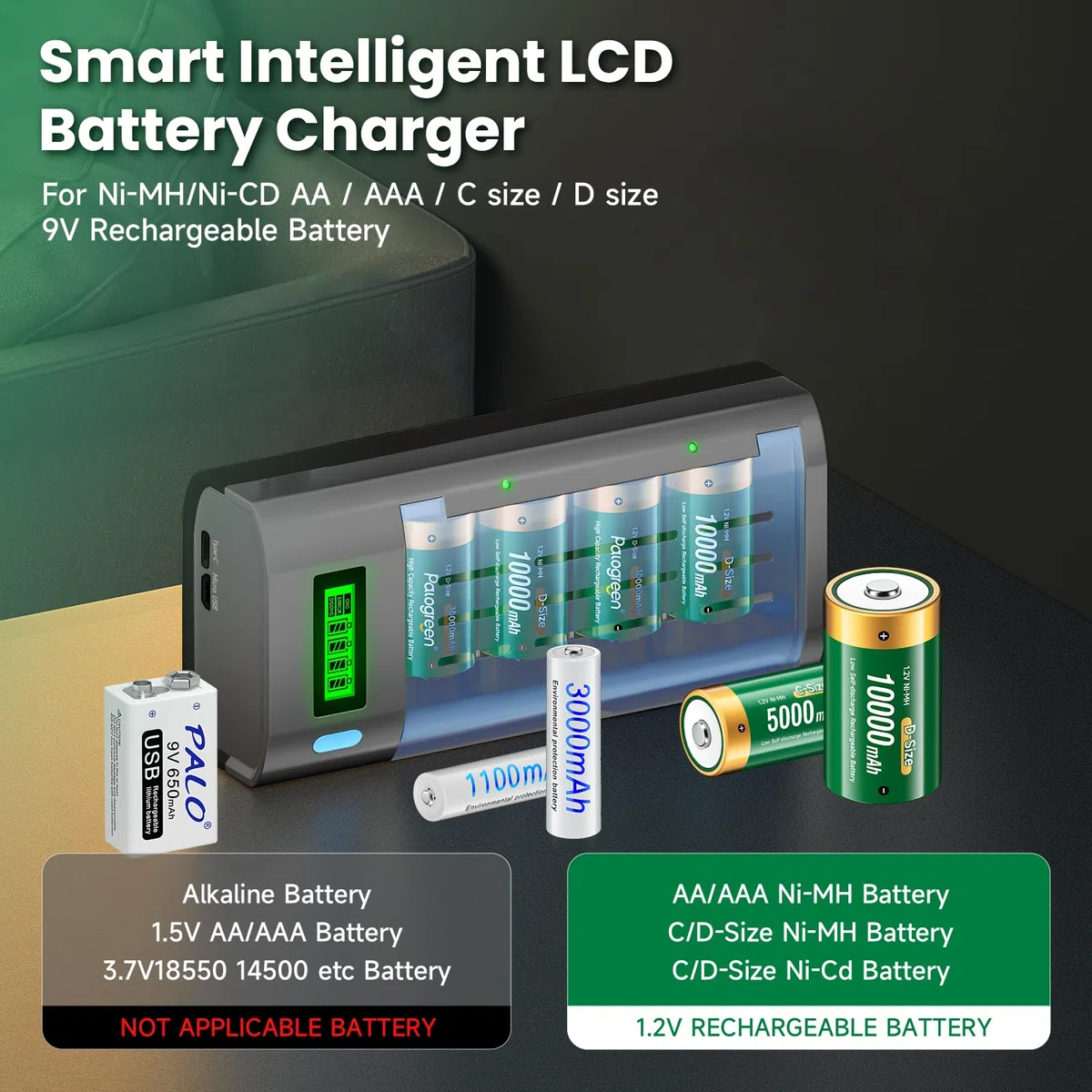 Baby C Akku mit Universal Ladegerät für AA/AAA/C/D 9V NI-MH Akkus, 4 Stück 5000mAh Wiederaufladbare C Batterien Akkus mit Type C Input LCD Anzeige Batterienladegerät