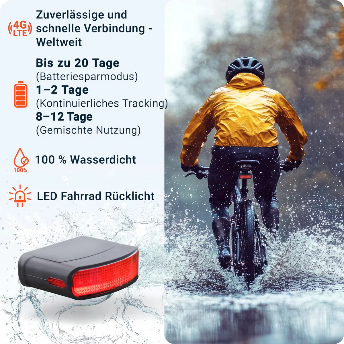 PAJ GPS Tracker Fahrradrücklicht - 4G Echtzeitortung mit Sturzalarm, inkl. 3 Monate Premium ABO, GPS-Tracker Fahrrad Alarmanlage inkl. eBikes, 100% wasserdicht, bis zu 20 Tage Akku, Straßenzulassung