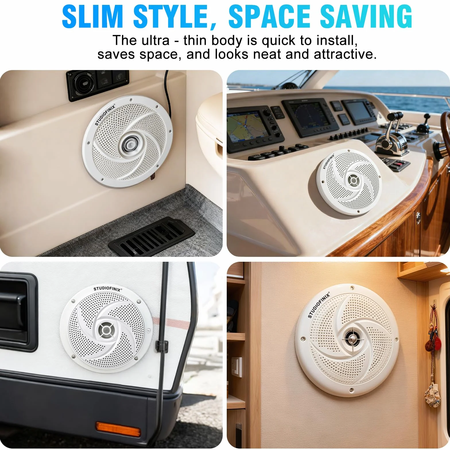 STUDIOFINIX 5,25-Zoll wasserdichte Marinelautsprecher – 160 W, 2-Wege, wetterfestes Outdoor-Boots-Audio mit LED, flach & schlank, für Boote, Wohnmobile u. mehr (2, weiß)
