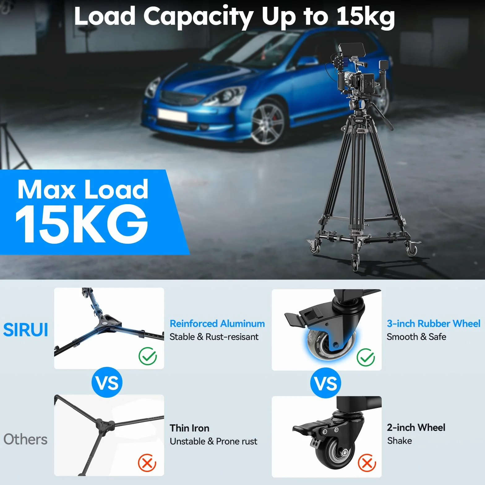 SIRUI Fotografie Stativ Dolly, Schwerlast Universal Stativ Räder mit 7,6 cm Gummirädern, Verstellbare Beine, 15 kg Tragfähigkeit für DSLR, Camcorder, Foto Video Beleuchtung, AM-DF02