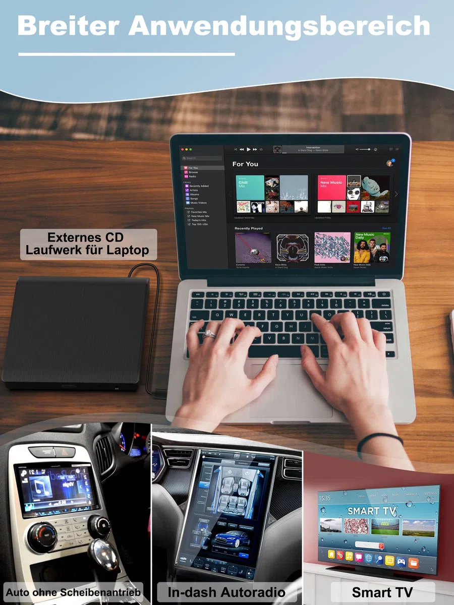 CD Player für Auto mit USB Anschluss - Lehwey CD Laufwerk für Auto mit 1M Verlängerungskabel, Externes CD Laufwerk für Laptop, PC, Fernseher, kompatibel mit Android Autoradio, Externer CD Spieler Auto