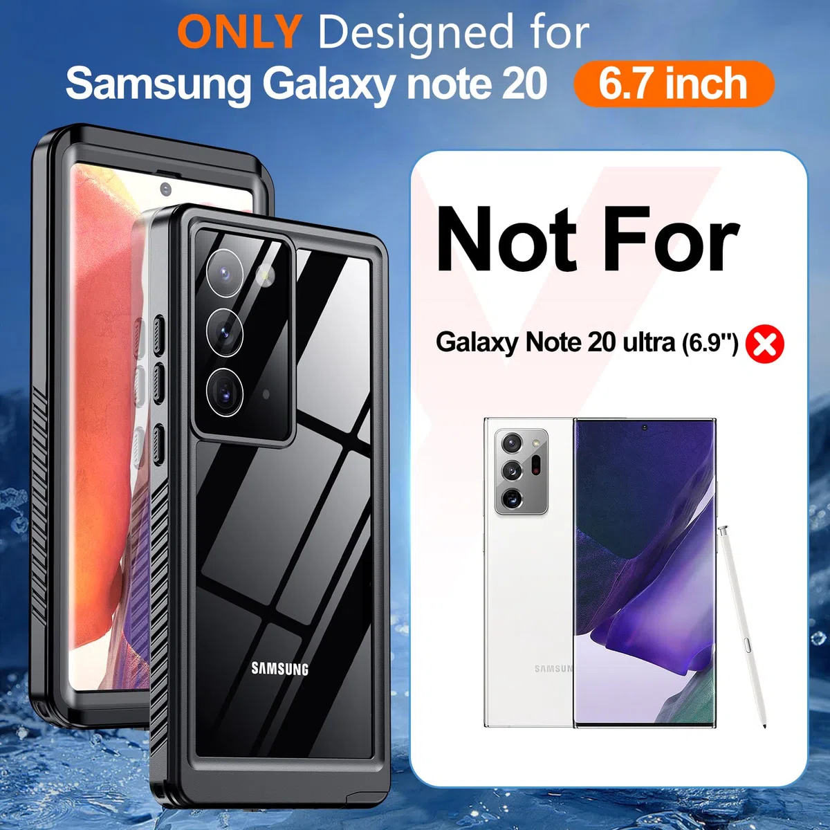 Hualele Handyhülle Schutzhülle für Samsung Galaxy Note 20, wasserdicht, integriertes Objektiv und Displayschutzfolie, robust, Militärqualität, IP68, Unterwasserschutzhülle, Schwarz