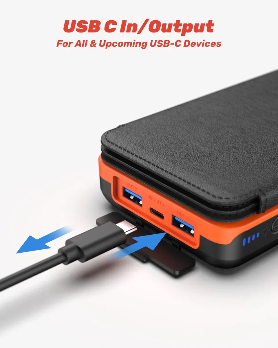 Solar Ladegerät Power Bank 27000mAh - BRENCIL Solar Powerbank 3A Schnelles Aufladen 3 Ausgängen mit 4 Faltbaren Solar-Panels Tragbares Ladegerät für Handys, Tablets (Orange)