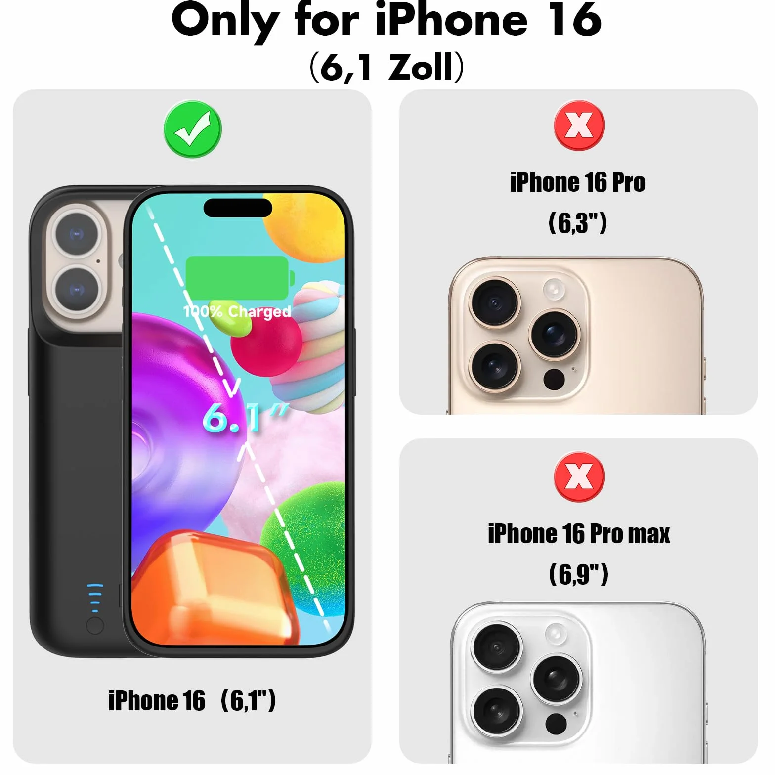 Akkuhülle für iPhone 16 (6.1") 8500 mAh, Schlanke Wiederaufladbare Erweiterte Ladehülle, Tragbare Schützende Telefonhülle mit Akku Power Bank mit Standfuß für iPhone 16 – Schwarz