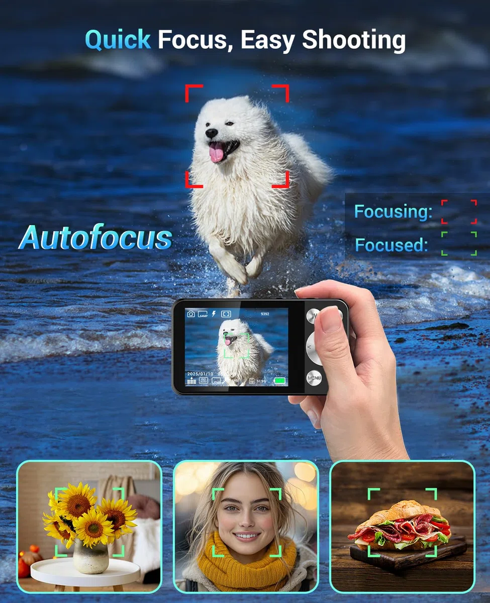 Digitalkamera 4K 64MP, Wevoor Digital Fotokamera 32GB mit Autofokus, 18x Digitalzoom Kamera, 2,8" Bildschirm, 2000mAh Kompaktkamera, Fotoapparat Digitalkamera für Anfänger Kinder Teenager - Schwarz