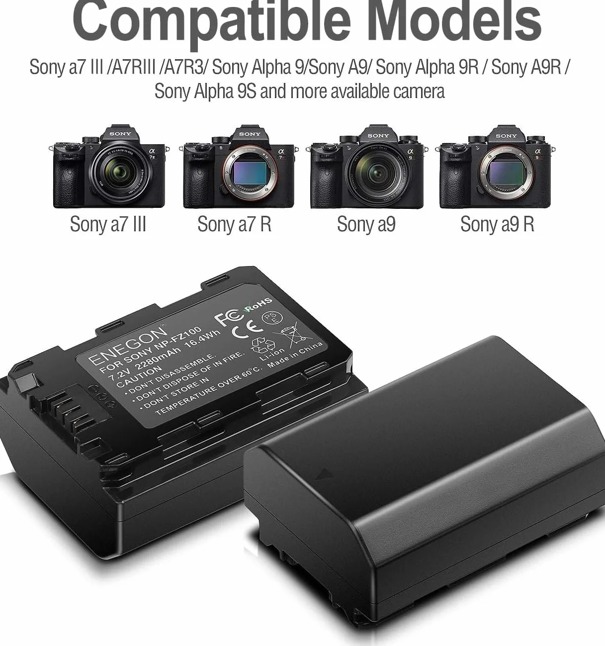 ENEGON Replacement Battery (Pack of 2) and Smart LED Dual USB Charger for Sony NP-FZ100 and A9,A9R,A9S,A7RIII A7R3, A7 III, A7R4, A7RIV Digital