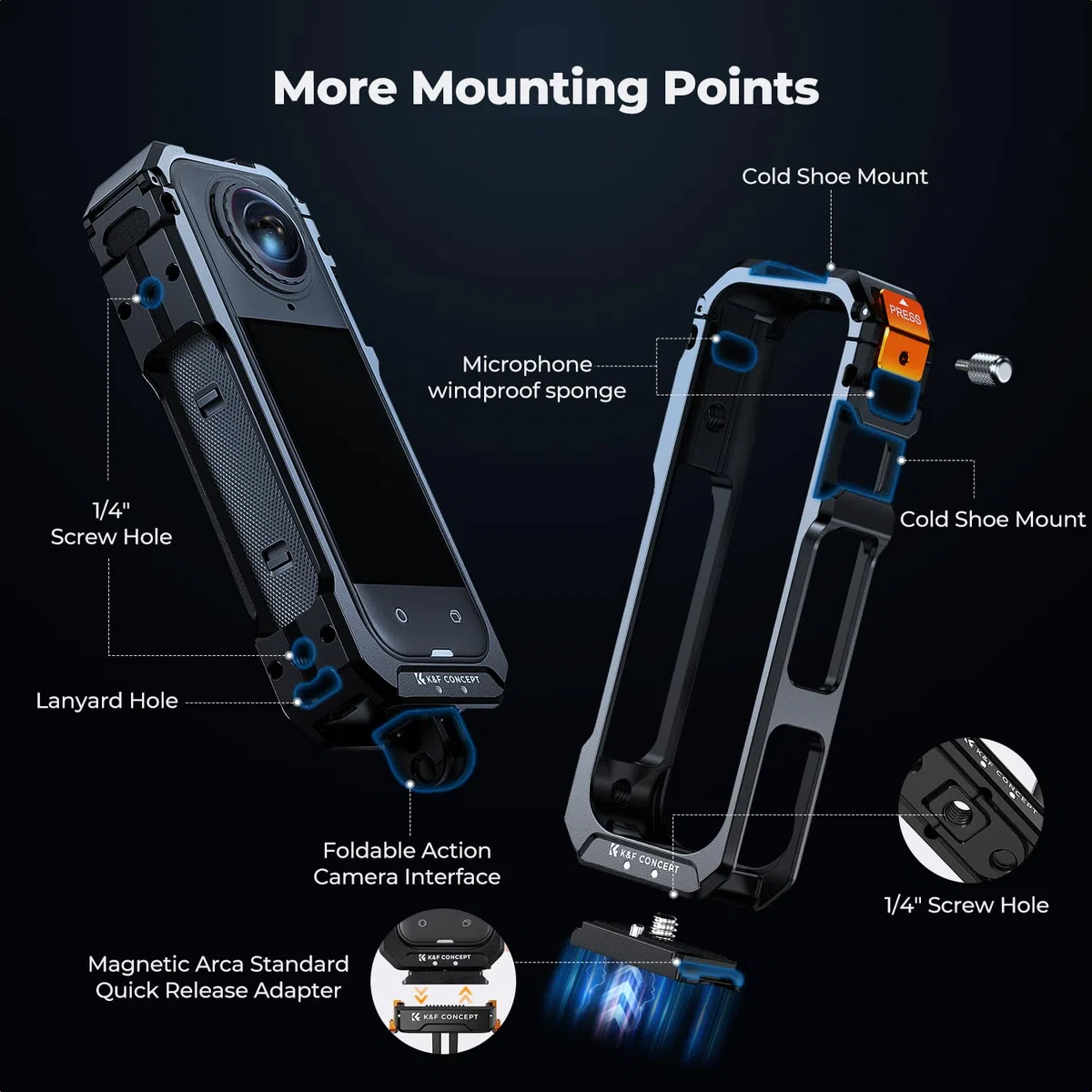K&F CONCEPT Käfig Kamerakäfig für Insta360 X5, Aluminiumlegierung Schutzgehäuse mit Silikon Objektivabdeckung, Rahmen mit 2 Cold Shoe Halterungen für Mikrofon und Led, Built-in 1/4" Schraubenloch