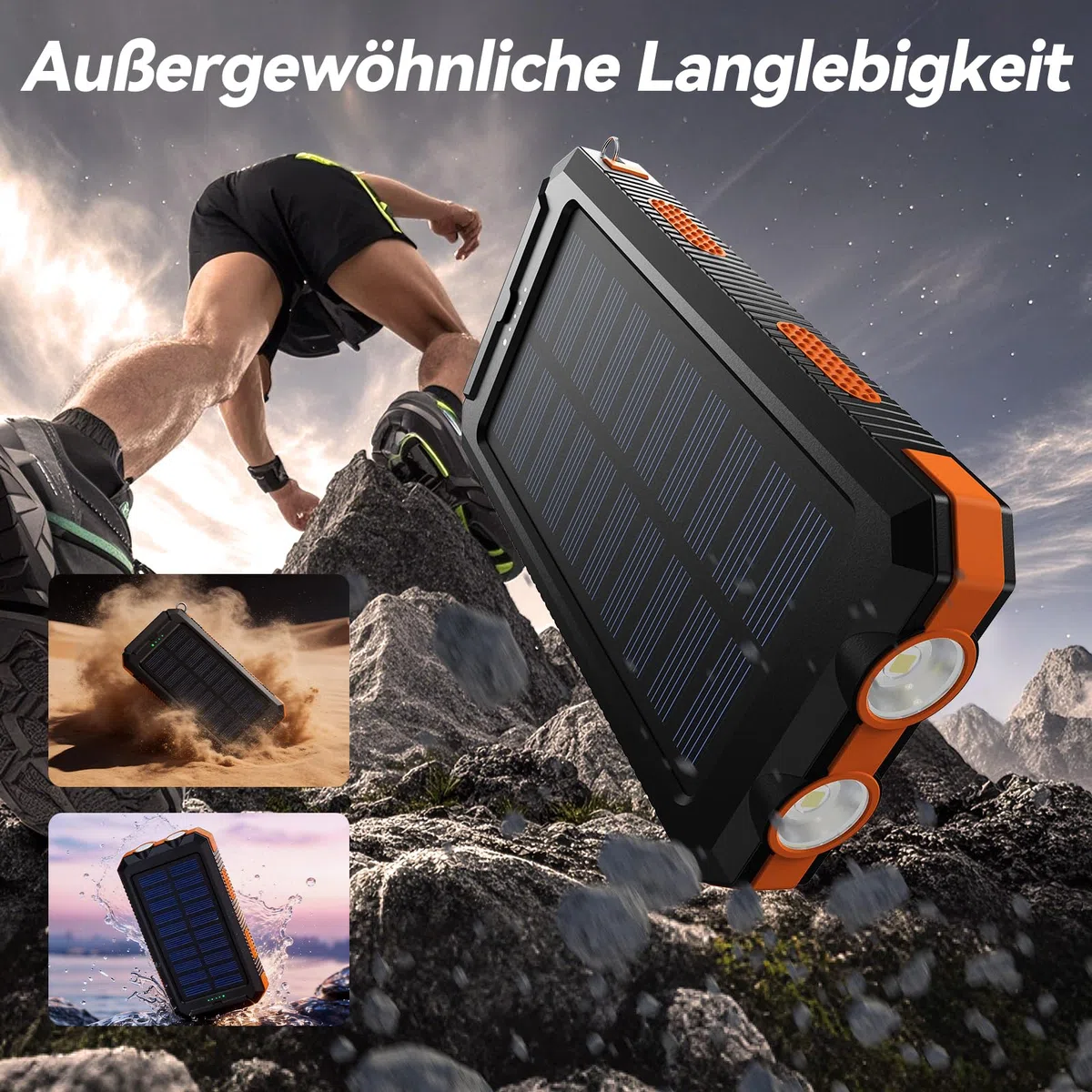 Vikeri Solar Powerbank 26800mAh, Powerbank Solar Wasserdichtes USB C Externer Akku mit 4 Outputs, Power Bank für Smartphones, Tablets und mehr (Dunkelorange)