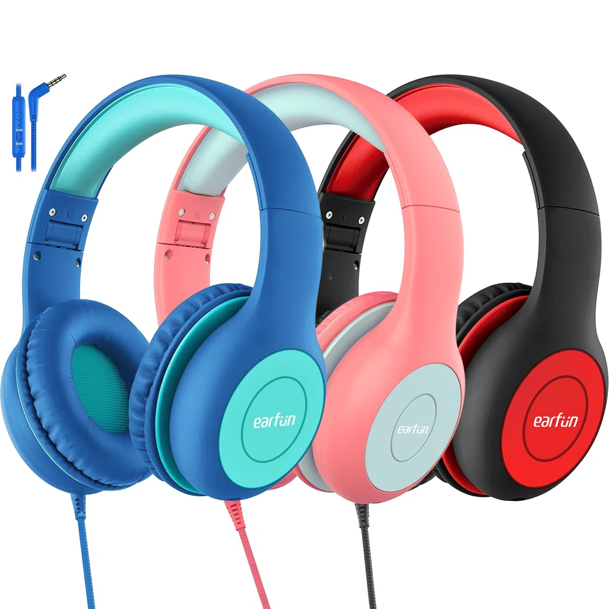 EarFun Kinder Kopfhörer, Kopfhörer Kinder mit Kabel, 85/94dB Lautstärkenbegrenzer, HiFi Klang, faltbar, verstellbar, Mic, Audio-Sharing, Over-Ear Kinderkopfhörer für Schule/Tablet/Reisen, 3er
