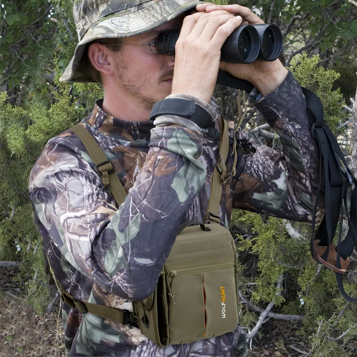 WOLFHUNT Fernglas-Brusttasche, Magnetverschluss, Bino-Tasche mit Abnehmbarer Entfernungsmesser-Tasche, Camouflage-Bino-Tasche