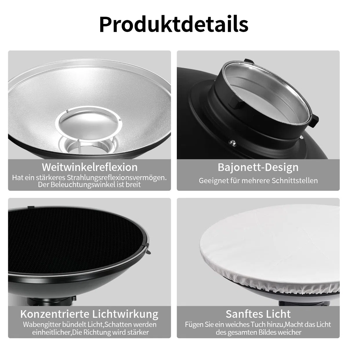 Soonpho Beauty Dish 30 cm/12 Zoll Standard Reflektor mit Schwarz Wabengitter,Silber Diffusor und Aufbewahrungstasche,Fotostudio Strobe Blitzlicht Reflektor für Bowens Mount Studioblitz