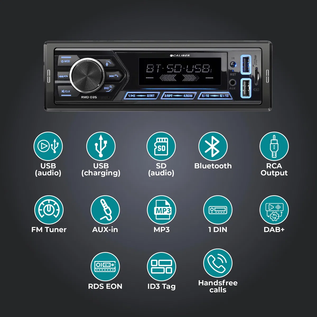 Caliber Autoradio DAB Plus & Bluetooth, 1-DIN, Freisprecheinrichtung, 40mm Einbautiefe, 4x55W, USB/SD/AUX, 2.1A Fast Charge (RMD035DAB)