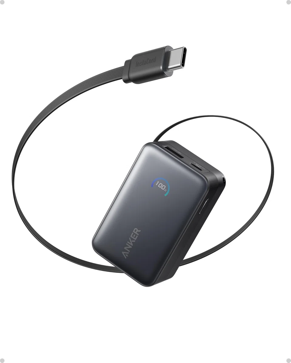 Anker Nano Powerbank,10.000mAh Externer Akku mit 70cm Anker InstaCord Einzugskabel, 45W Max Kompakter Akku, Smart-Display, für iPhone 17/16, iPad, Galaxy, Pixel und mehr