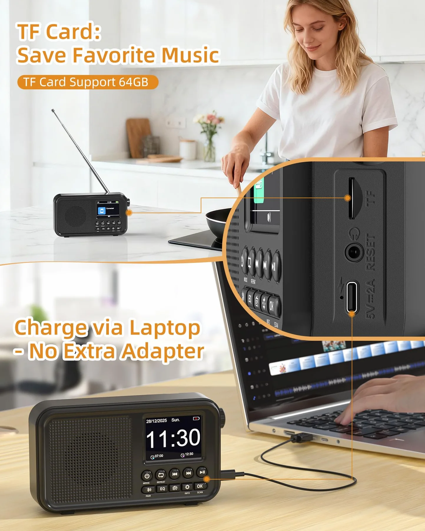 Tragbares DAB+ Radio mit Bluetooth, UKW/DAB Digitalradio mit 2,4" Farbdisplay, 80 Senderspeicher, 3000mah Akku oder Netzbetrieb, Support TF-Karte/Wecker/Sleeptimer/Klinken, Für Küche, Camping, Garten