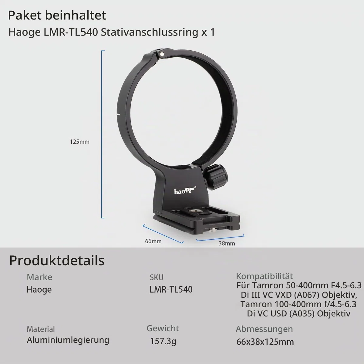 Haoge LMR-TL540 Stativhalterungsring für Tamron 50-400mm A067,100-400mm f/4.5-6.3 Di VC USD A035 Objektivkragen, integrierte Arca-Schnellwechselplatte ersetzt Tamron A035 TM