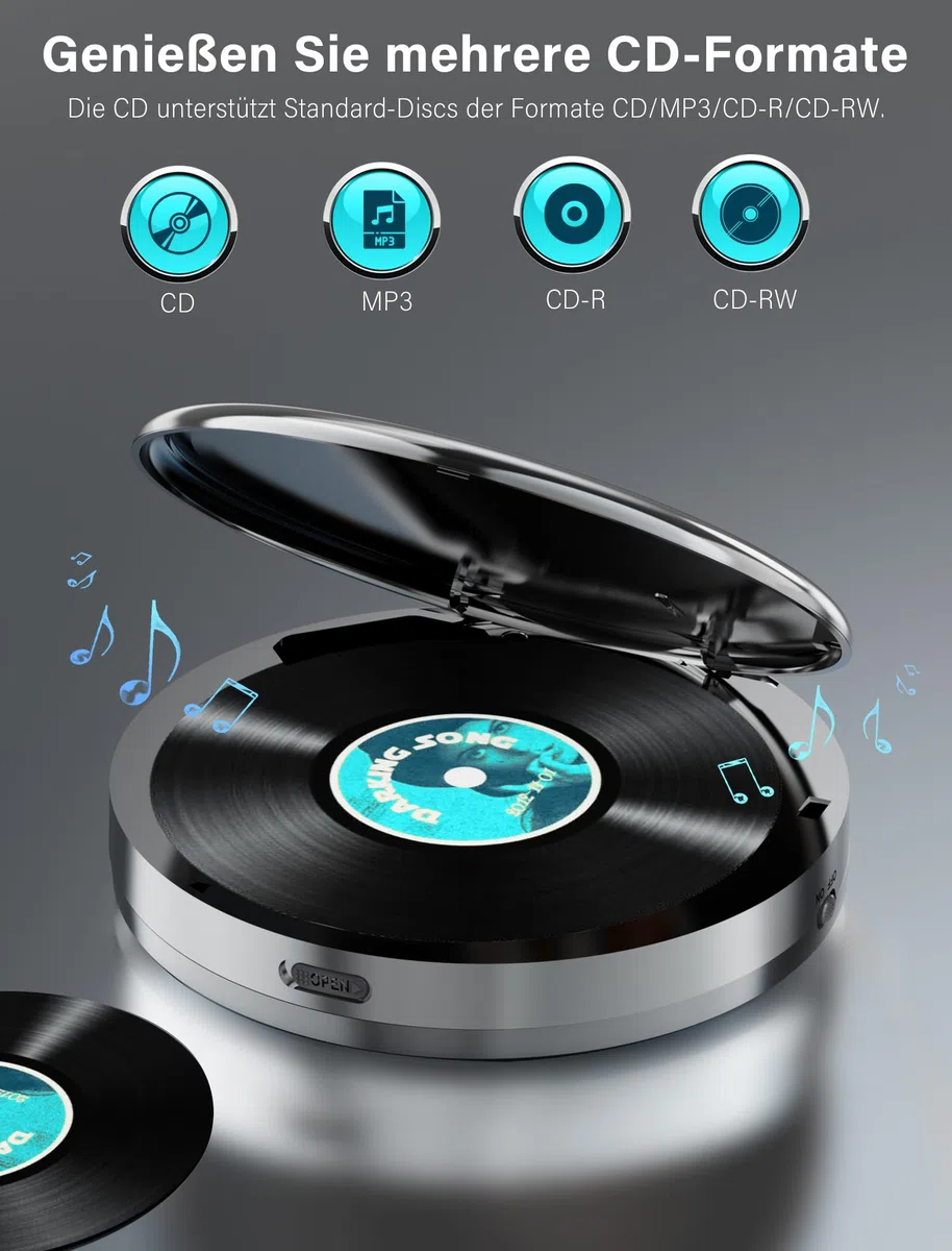 Discman-CD-Player mit Bluetooth-FM-Transmitter, Kopfhörern, LCD-Bildschirm, AUX, integriertem Lautsprecher, USB-Anschluss, 2000mAh wiederaufladbarer CD-Player tragbarer mit Anti-Skip-Schutz