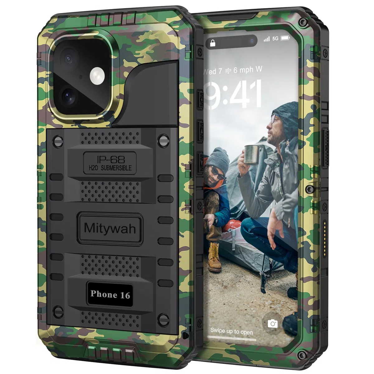 Mitywah Wasserdichte Schutzhülle für iPhone 16, stoßfest, strapazierfähig, mit integriertem Displayschutz, Unterwasser-Ganzkörper-Schutzhülle, Metallhülle, 6,1 Zoll, Camouflage