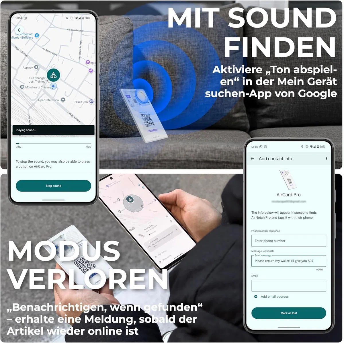 Rolling Square AirCard Pro – Bluetooth Tracker Karte Für Android Google Find Hub, Tracking Card mit Kabellosem Laden und Digitaler ID, Ultradünnes Technik-Gadget für Portemonnaie oder Reisepass